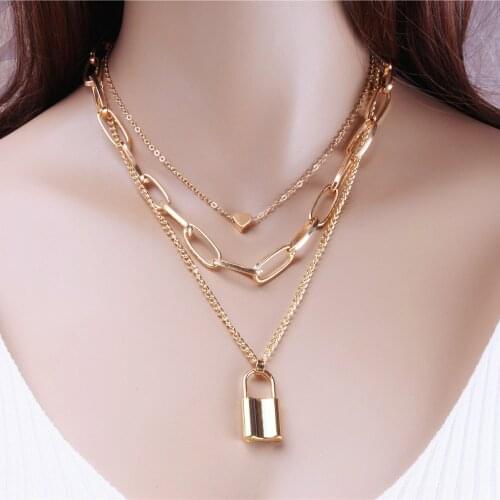 SUMENG New Arrival Fashion Multi Layer Lover Lock Pendant Choker Necklace Steampunk Padlock Heart Chain Necklace Collier Jewelry