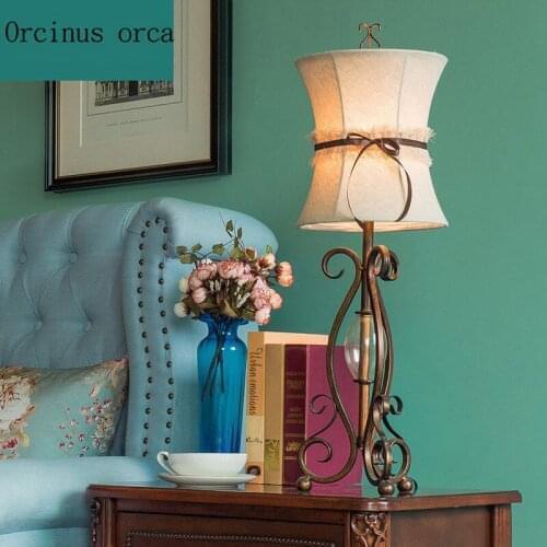 European-style retro LED iron table lamp Living room bedside lamp simple pastoral cloth table lamp free shipping