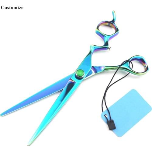Customize logo japan steel 7 inch green gem Pet dog grooming hair scissors cutting barber makas dog shears hairdressing scissors