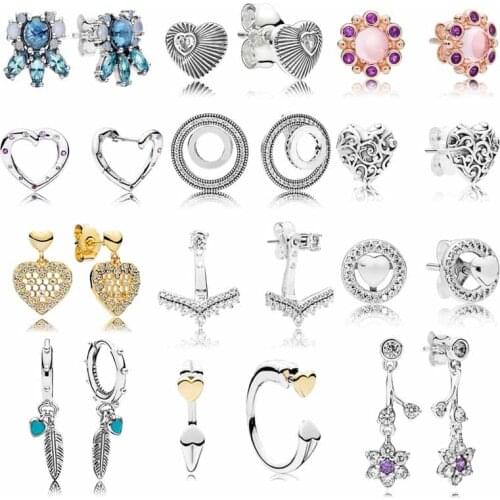 925 Sterling Silver Two Hearts Forever Circle Signature Spiritual Feathers Honeycomb Lace Earring For Women pandora DIY Jewelry