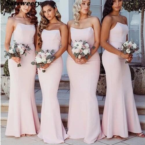 Blushing Pink Mermaid Bridesmaid Dresses Long Strapless Backless 2021 Women Wedding Party Dress Elegant Gown Vestidos