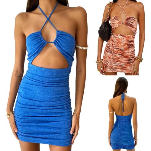 Backless Sexy Hot Halter Tie-up Skinny Dress 2021 Summer Women’s Fashion Solid Color/Printing Short Dress