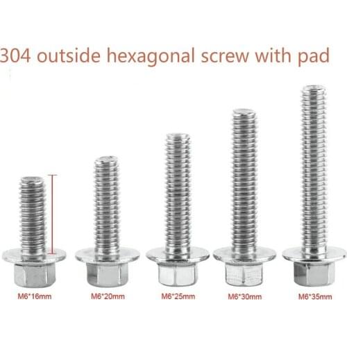 10pcs M6x16mm, 20mm, 25mm, 30mm, 35mm six kinds of stainless steel hexagon flange screws cover gasket head bolt fasteners