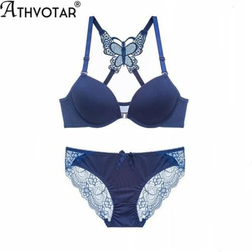ATHVOTAR Sexy Underwear Sets Lace Butterfly Beauty Back Lingerie Suits Push Up Front Closure Bra Women Panties