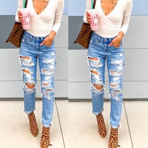 2021 summer new ladies denim trousers personality ripped slim slimming unusual trousers women