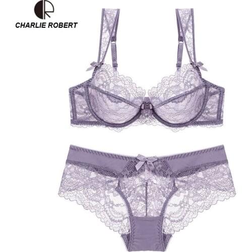 CR Female Sexy Bra Cup A-D Ultra-thin Without Sponge Lace Transparent Large Size 95D/42D Bra Sets WI518