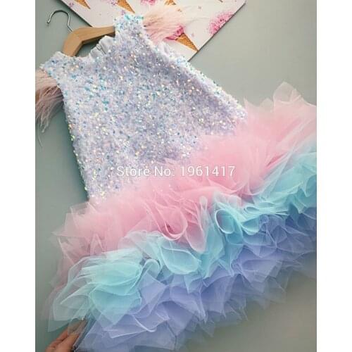 Cute Sequins Baby Girls Dresses for Party Knee Length Children Kids Clothes Birthday feather Dresses