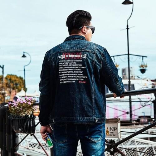 Extra XL Menswear Fashion Brand Red and White Embroidery Denim Jacket Coat Plus Size Men Clothing