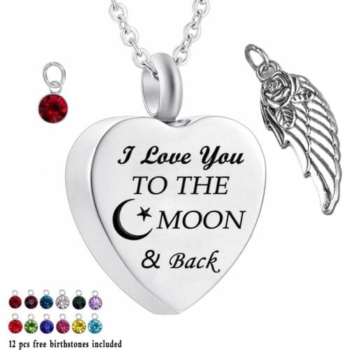 L love you to the moon&back 12 Piece Birthstone Crystal Urn Necklace Heart Memorial Keepsake Pendant Ashes Cremation Jewelry