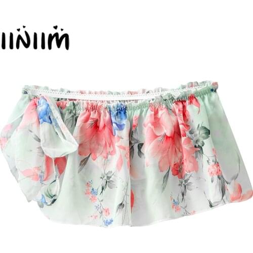 Mens Erotic Sexy Floral Print Chiffon Skirted Briefs Frilly Ruffle Side Lace-up Sissy Lingerie Skirt Nightwear Role Play Costume