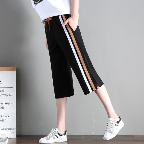 Newest Fashion Fat Womens Sport Knit High Rise Elastic Waist Wide Leg Jeans Crop Harem Capris Pants Plus Size Ladies Trousers