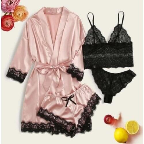 New 4 Pieces Women Pajamas Sets Faux Silk Pajamas Sleepwear Sets Sexy Lace Fashion Casual Home Clothes Nightwear