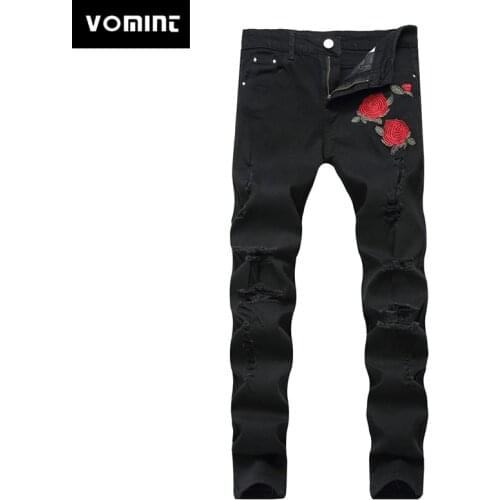 VOMINT New Black Ripped Jeans with Embroidery Men with Flowers Rose Embroidered Mens Denim Jeans Stretch Skinny Jeans Pants