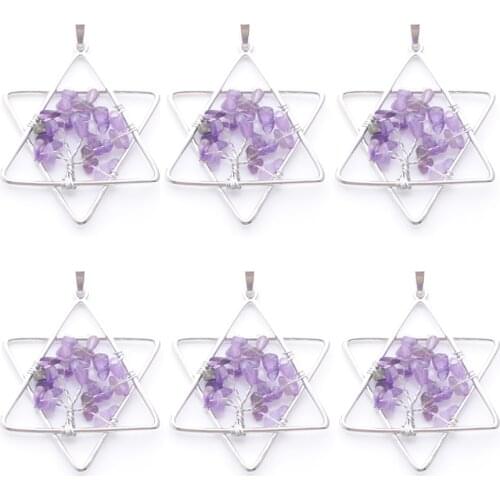 Wholesale 6Pcs Tree of Life Pendants Amethysts Natural Chips Stone Chakra Reiki Five Pointed Star Metal Merkaba Jewelry QN3804
