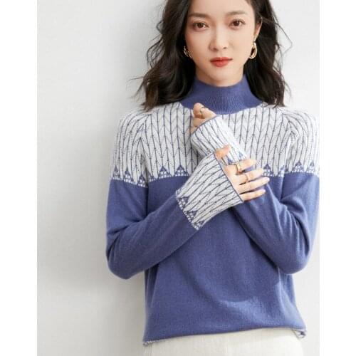 Autumn Winter New Pure Woolen Sweater Womens Half High Collar Knitted Pullover Bottoming Shirt Loose Color Matching All-Match
