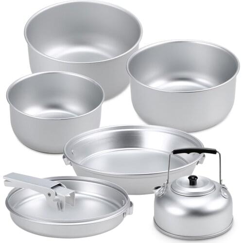 Portable Outdoor Camping Cookware Set Lightweight Anodized Aluminum Cookset Cooking Pot Pan Tea Kettle Set with Handle