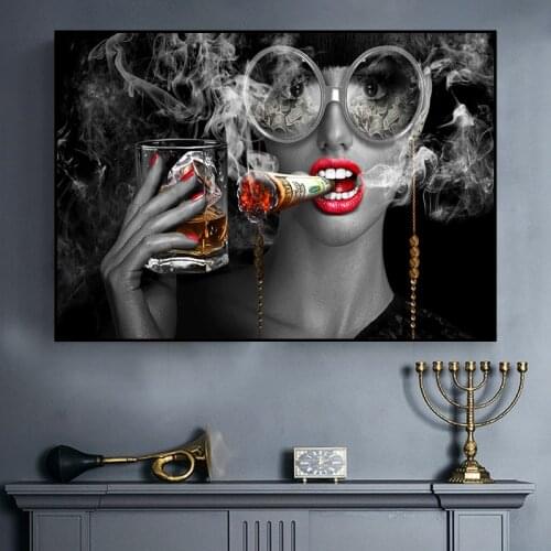 Modern Canvas Paintings Fashion Girl Burning Money Smoking and Dricking Wall Art Posters and Prints Pictures for Home Decoration