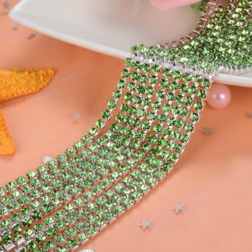 5yard/piece Light green Glass Crystal sew on rhinestones Chain silvery bottom Diy Clothing accessories SIJISHUIZUAN
