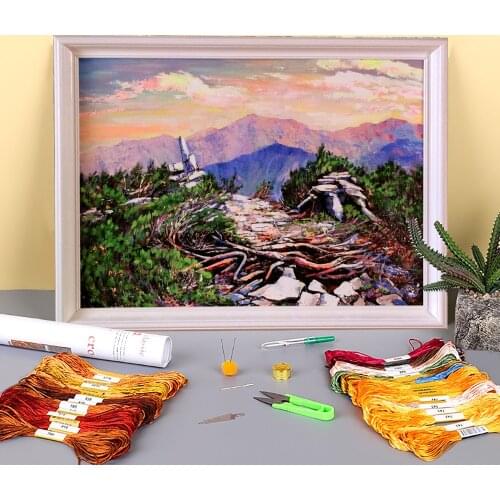 Landscape Trail In The Mountains Printed Fabric 11CT Cross-Stitch Complete Kit Embroidery DMC Threads Craft Different
