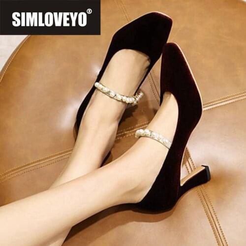 REAVE CAT New 2021 Women Pumps Square Toe 7.5cm Block Heels Flock Buckle Pearl Elegant Vintage Big Size 34-48 Casual Date A3825