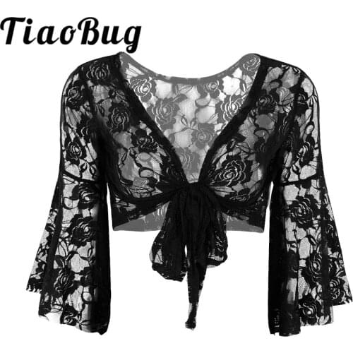 Elegant Women Black White 2020 Lace Ladies Wedding Party Long Flare Sleeves Shrug Cropped Jacket Shrug For Evening Formal Prom