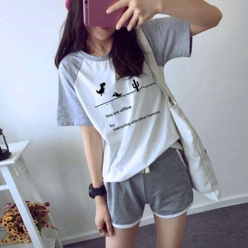 2 Pcs Set Suit Women Casual Tracksuit Dinosaur Sport Crop Top Short Pants Gray Clothes Full Slim Fit Top Cheap Oversize Clothes