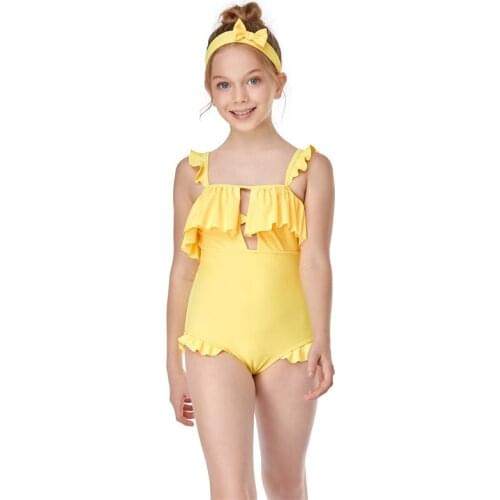 2021 Girl’s Fresh Solid Color One-Piece Swimsuit Fashion Ruffles Hollow Backless Suspender Triangle Swimsuit Robe De Plage