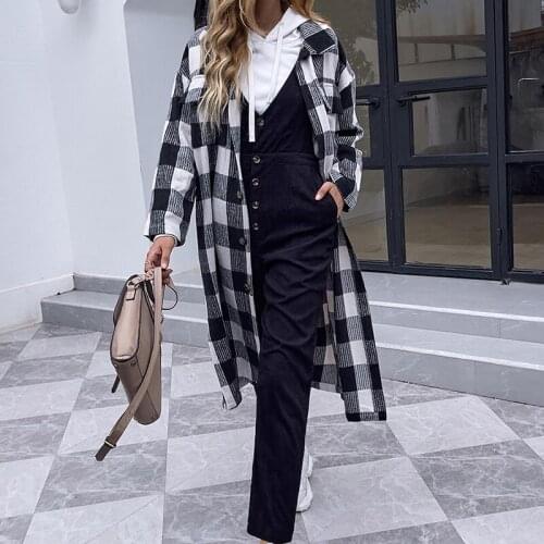 CARDE HOMES Autumn 2021 New Long Sleeves Black And White Plaid Long Style Women Wind Coat Fashion Casual Lady Slim Overcoat
