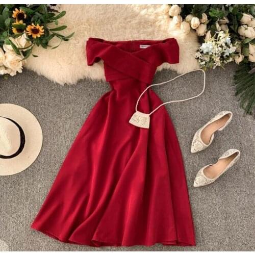 Womens spring summer sexy slash neck off shoulder dress female formal party A-line dress TB758