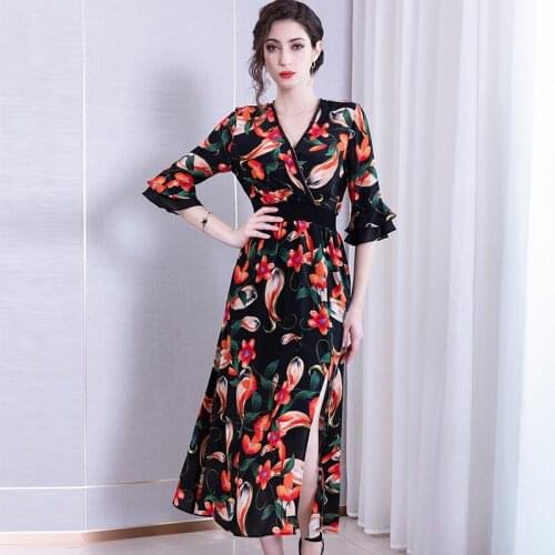 Real Summer Silk Women Ladies Vintage Floral Beach Dresses Print Party Dress Vestidos De Verano 2020 201001 YY2928
