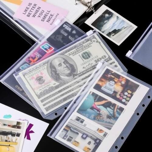 10PCS 6 Holes Document Binder Pockets A5/A6/A7 Plastic Binder Zipper Folders Waterproof Loose Leaf Filing Bags for Notebook Card