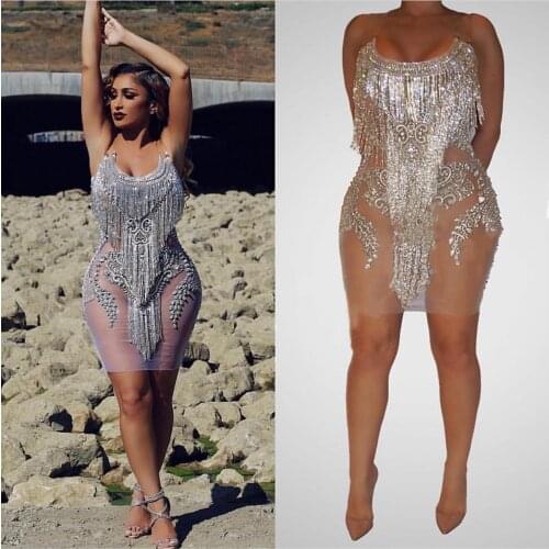 Shining Silver Crystals Fringes Dress See Through Birthday Celebrate Mesh Outfit Party Dance Female Singer Show Dress