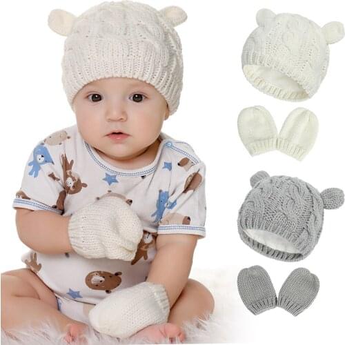2020 New Style Baby Knit Hat Autumn Winter Warm Hat Gloves Set Childrens Cute Small Ear Shape Men Women Infant Toddler Cap 3Pcs