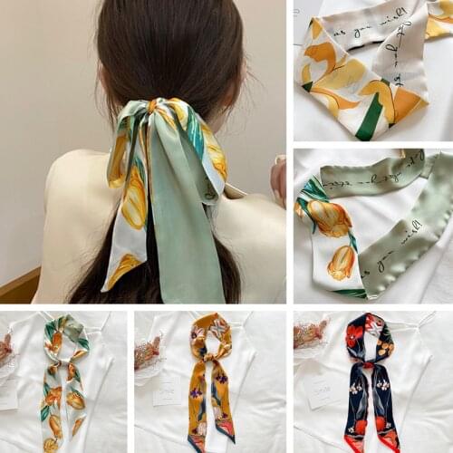 2021 Silk Head Scarf Women Accessories Flower Satin Headband For Hair Tie Handkerchief Ladies Ribbon Kerchief For Girls Bandana