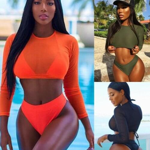 3PCS/Set Women Sexy Long Sleeve Mesh See Through Crop Top+Lace Up Triangle Bra+High Waist Briefs Bikini Sets Swimsuits Beachwear