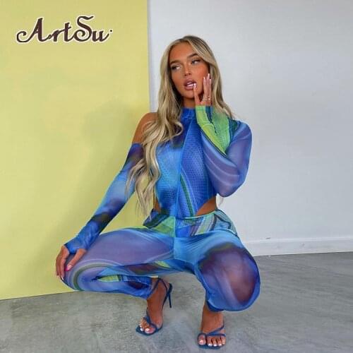 Artsu 2021 Summer Tie Dye Two Piece Set Women Long Sleeve Thong Bodysuit Mesh Leggings Set Bodycon Sporty Outfit