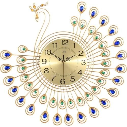 Large 3D Gold Diamond Peacock Wall Clock Metal Watch for Home Living Room Decoration DIY Clocks Ornaments 53x53cm