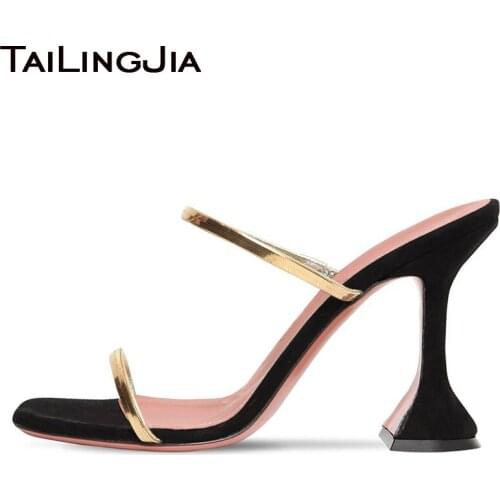 Square toe Heels Sandals Women Mules Slippers Black Faux Suede Strappy Heeled Party Shoes Stylish Large Size Sandal 2020 New