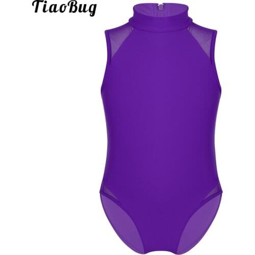 TiaoBug Kids Girls Sleeveless Mock Neck Mesh Splice Back Zipper Closure Ballet Dance Gymnastics Leotard Jumpsuit