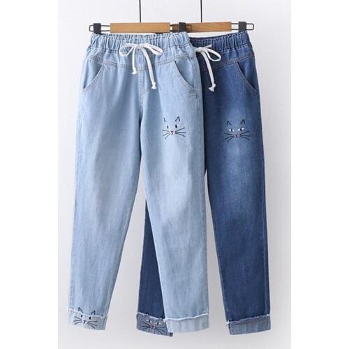 Jeans Women Pantalon Oversize Loose Denim Trousers Straight Cat Embroidery Pocket Casual Femme Pants Cuffs Pocket Streetwear