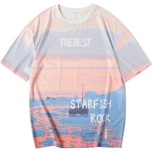 New Mens Large Trendy T-shirt Mens Oversize Space Cotton Gradient Print Loose Short Sleeve