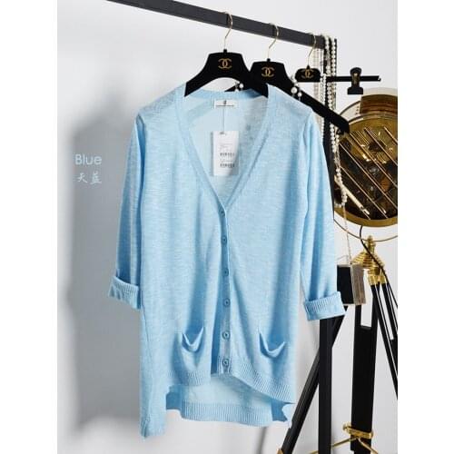 New women fashion temperament in the long section summer high quality Linen thin comfort V-collar Thick knit cardigan