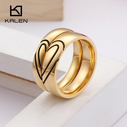 KALEN 1 Pair His & Her Love Heart Wedding Promise Rings Set Size 5-13 Stainless Steel Gold Couple Engagement Bands For Men Women