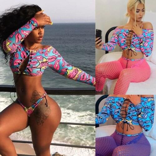3pcs/Set Hot Lips Printed Bikini Set Swimwear Women 2018 Bandage Off Shoulder Sexy Women Swimsuit Push Up Padded Bathing Suit