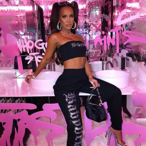 Diamond Two Piece Set Women 2021 Summer Crop Top Tracksuit Joggers 2 Piece Set Rhinestones Jogging Long Pants Suits Streetwear