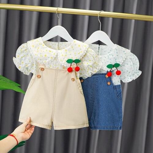 Girls 2pcs Clothes Set Infants Baby Kids Children 2021 Summer Short Sleeve Flora Tops T-shirt+Overall Shorts Pants Outfit S12329