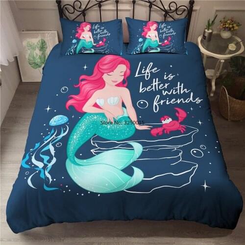 Cartoon Mermaid Printed Duvet Cover and Pillowcase 2/3 Pcs Bedding Set Single Twin Double Full Queen King Size Comforter Bedding