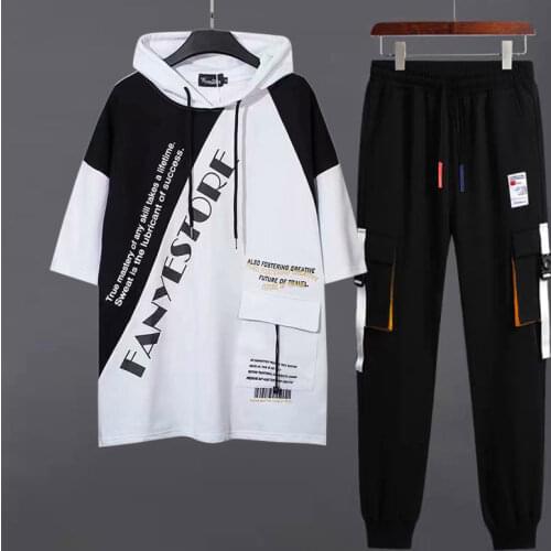 Spring Summer Mens Sets Korean Fashion Hooded Tracksuit Men+Casual Jogger Elastic Waist Trousers Men Clothing Tracksuit Sets