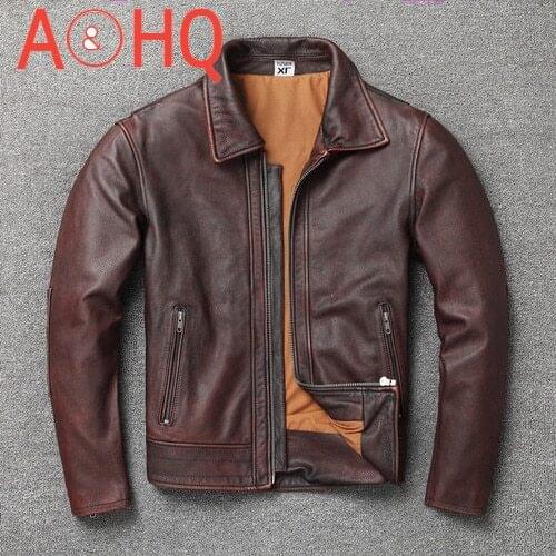 Genuine Cow Leather Jacket Men Clothing Spring Autumn Cow Leather Coats Vintage Brown Motorcycle Jackets 2021 KJ6664