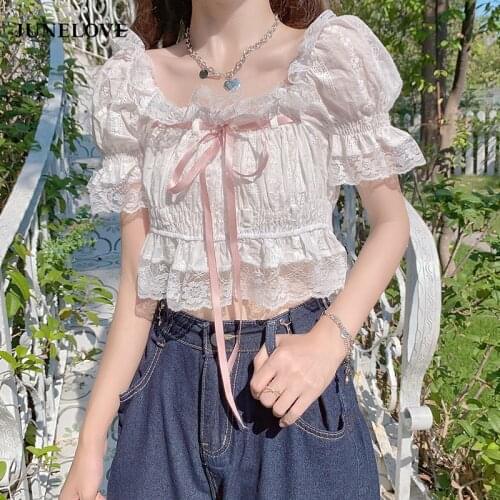 Summer White Sweet Blouse Tops Women 2021 Lace Designer Kawaii Casual Blouse Shirt Chiffon Short Sleeve Party Elegant Cute Tops